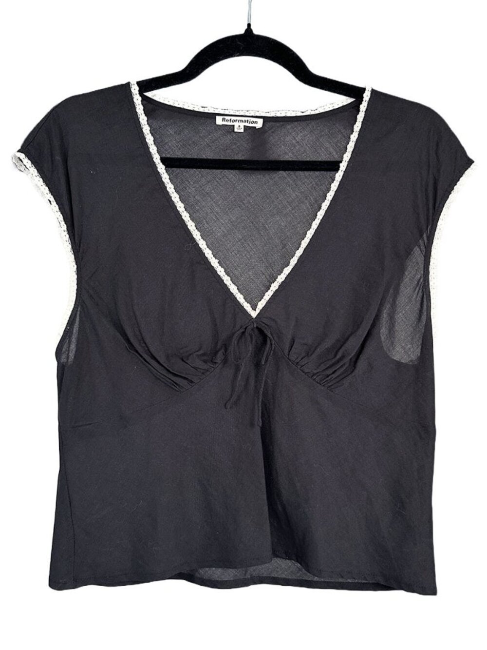 Reformation Cherry Top Black Lace Trim V Neck Tie Front 8